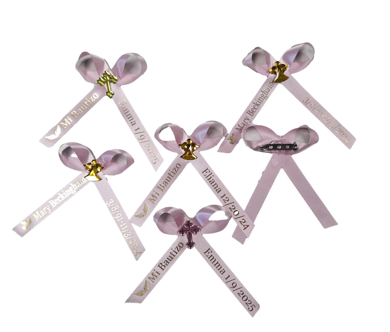 personalized ribbons with embellishment and pins on the back